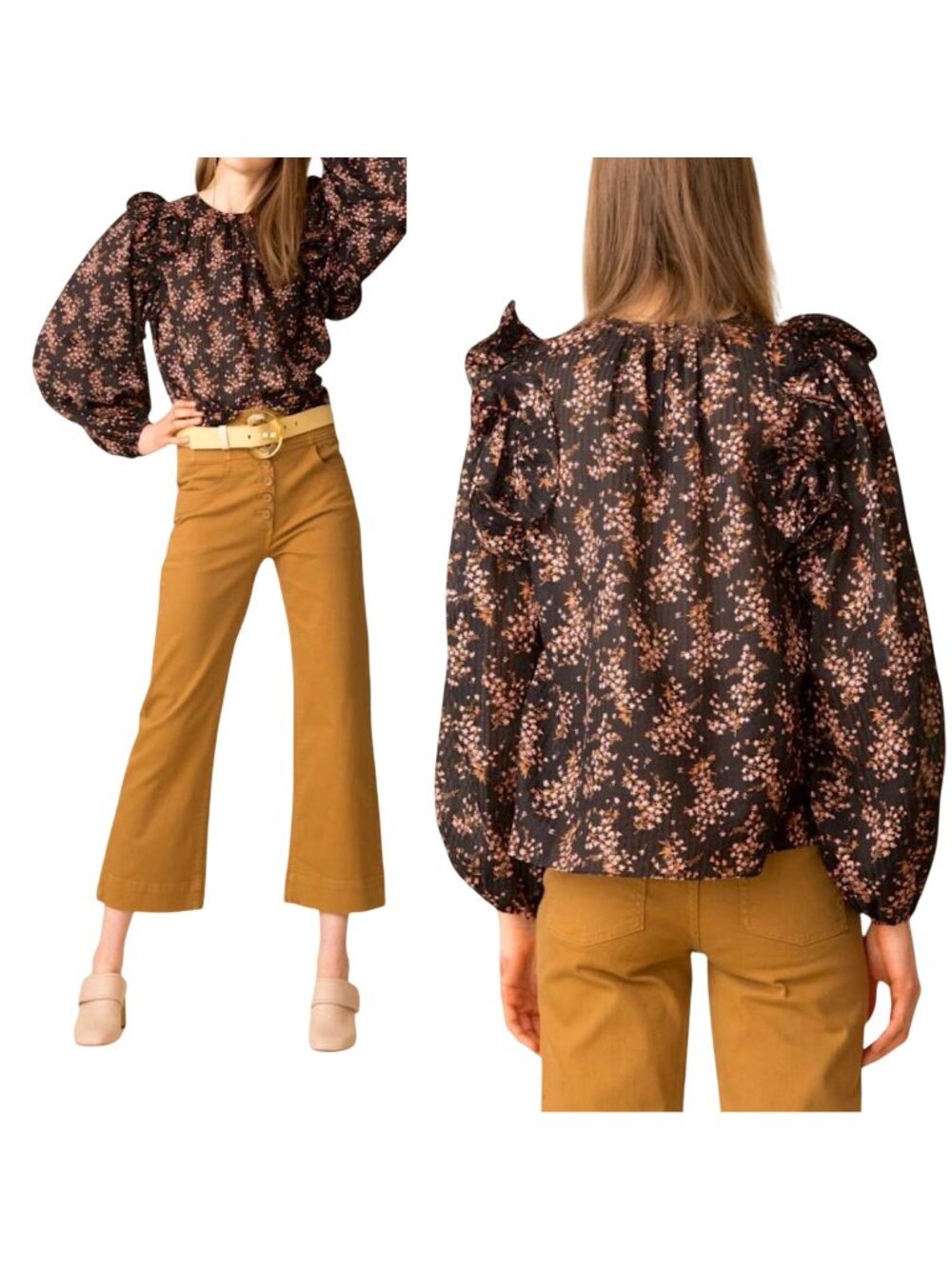 Ulla Johnson Medine Floral Balloon Sleeve Blouse, Size 2, Jet/Black